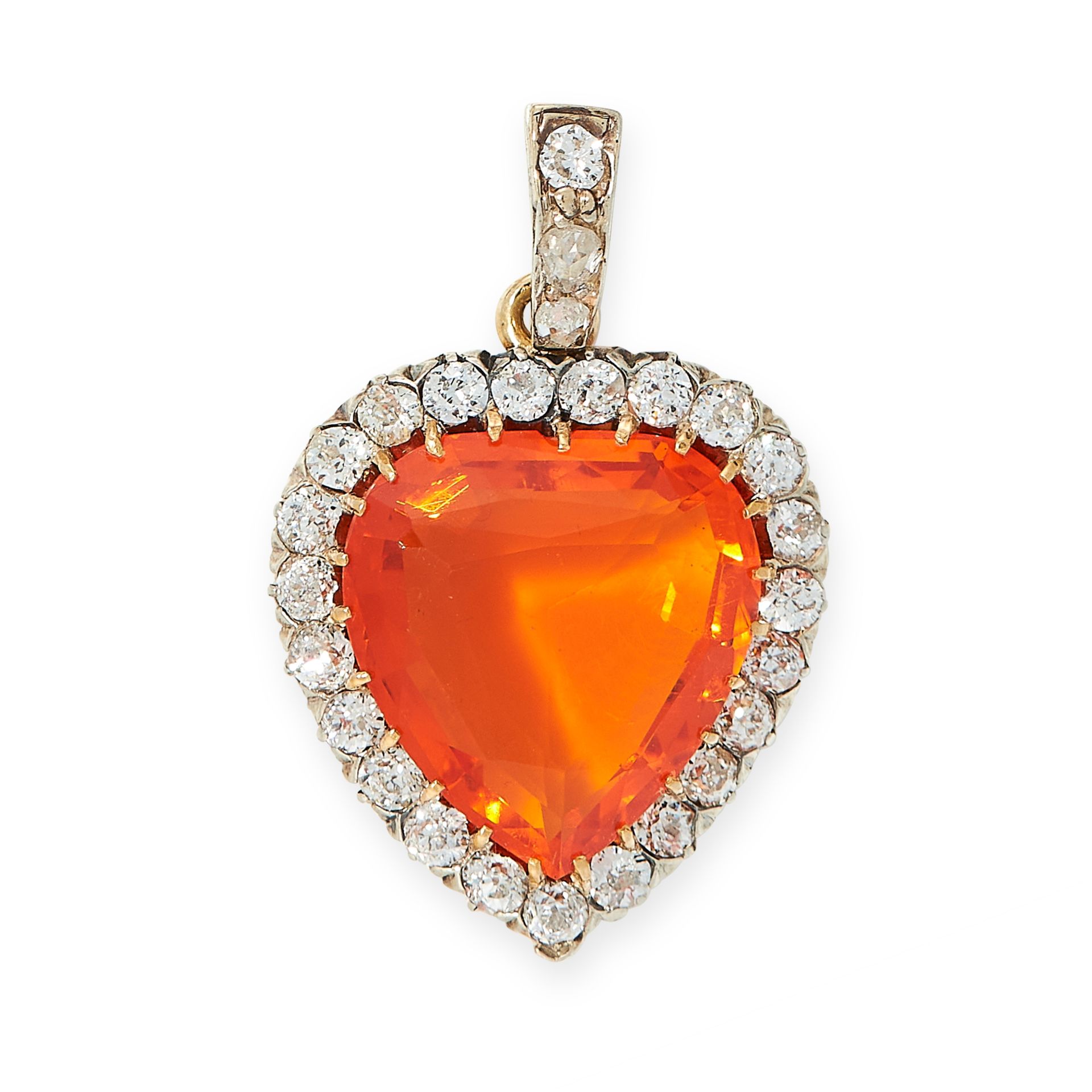 ANTIQUE FIRE OPAL AND DIAMOND PENDANT in yellow gold and silver, designed as a heart shaped cluster,