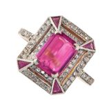 TOURMALINE, RUBY AND DIAMOND RING the rectangular face is set with an emerald cut tourmaline of 1.35