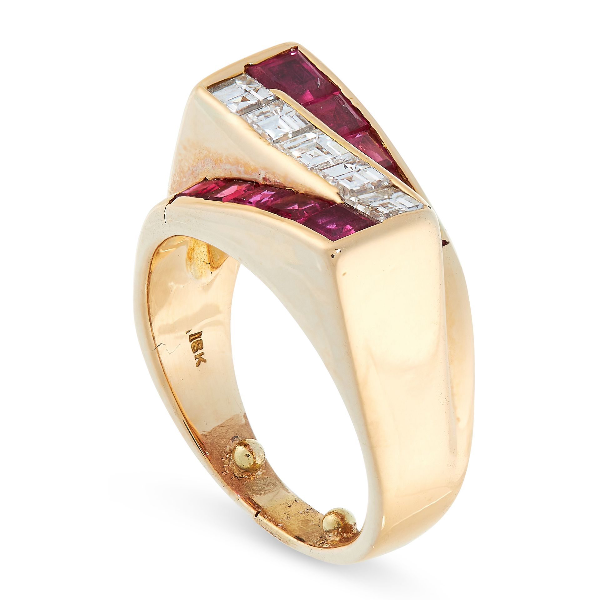 RUBY AND DIAMOND RING, HEYMAN BROTHERS of geometric deisgn, composed of slanted rows of channel- - Image 2 of 2