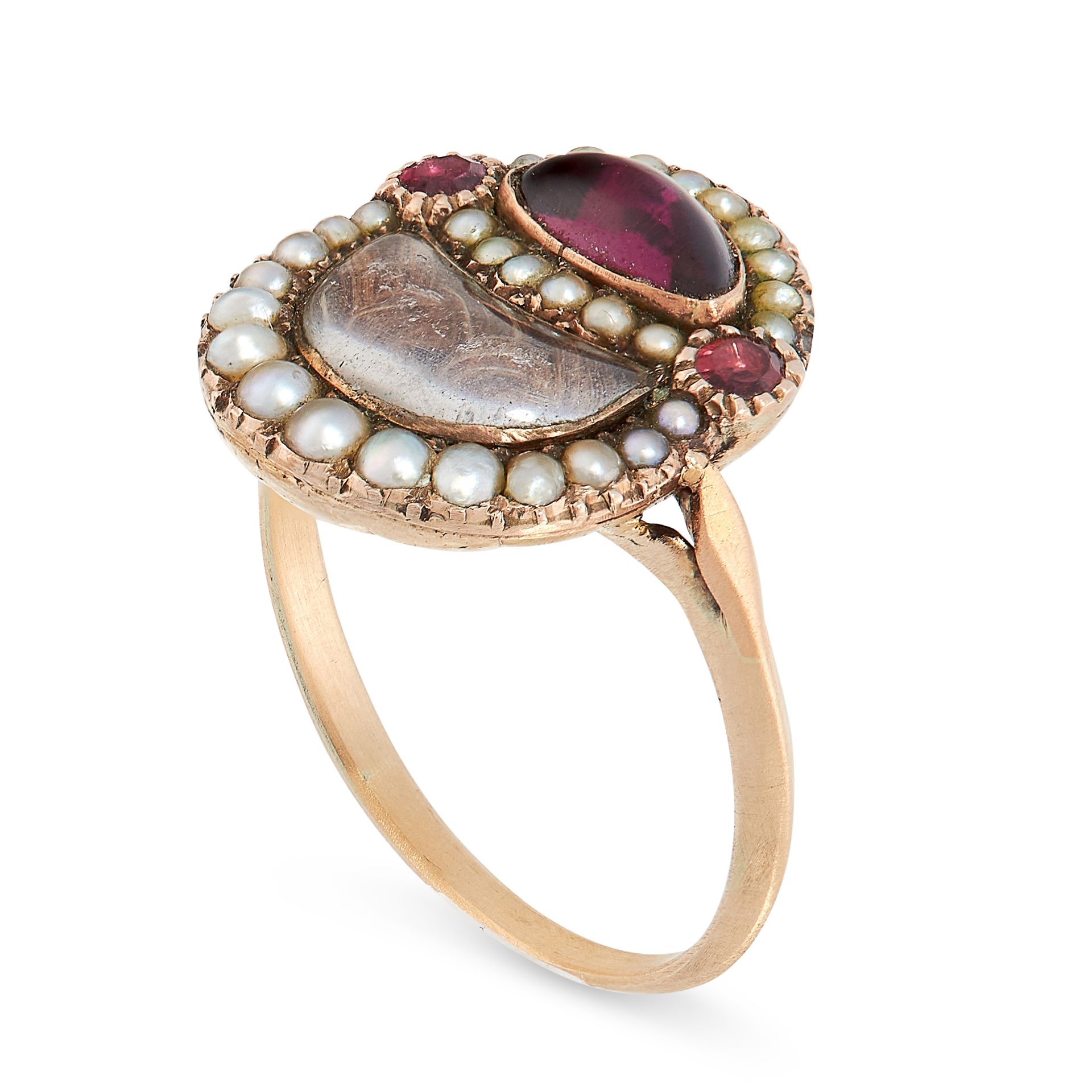 ANTIQUE GARNET, PEARL AND HAIRWORK MOURNING LOCKET RING the circular face is formed of a central - Image 2 of 2