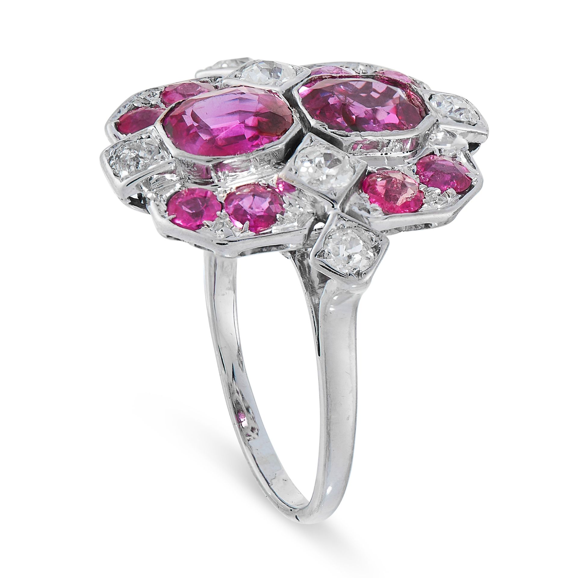BURMA NO HEAT RUBY AND DIAMOND RING comprising of two central oval cut rubies in a border of eight - Image 2 of 2