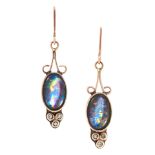 PAIR OF OPAL AND DIAMOND EARRINGS in 9ct yellow gold, each set with an oval cabochon triplet opal,