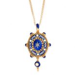 ANTIQUE DIAMOND, PEARL AND ENAMEL MOURNING LOCKET PENDANT, 19TH CENTURY in yellow gold, the body set