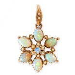 ANTIQUE OPAL AND DIAMOND PENDANT mounted in yellow gold, designed as a flower or snowflake, set with