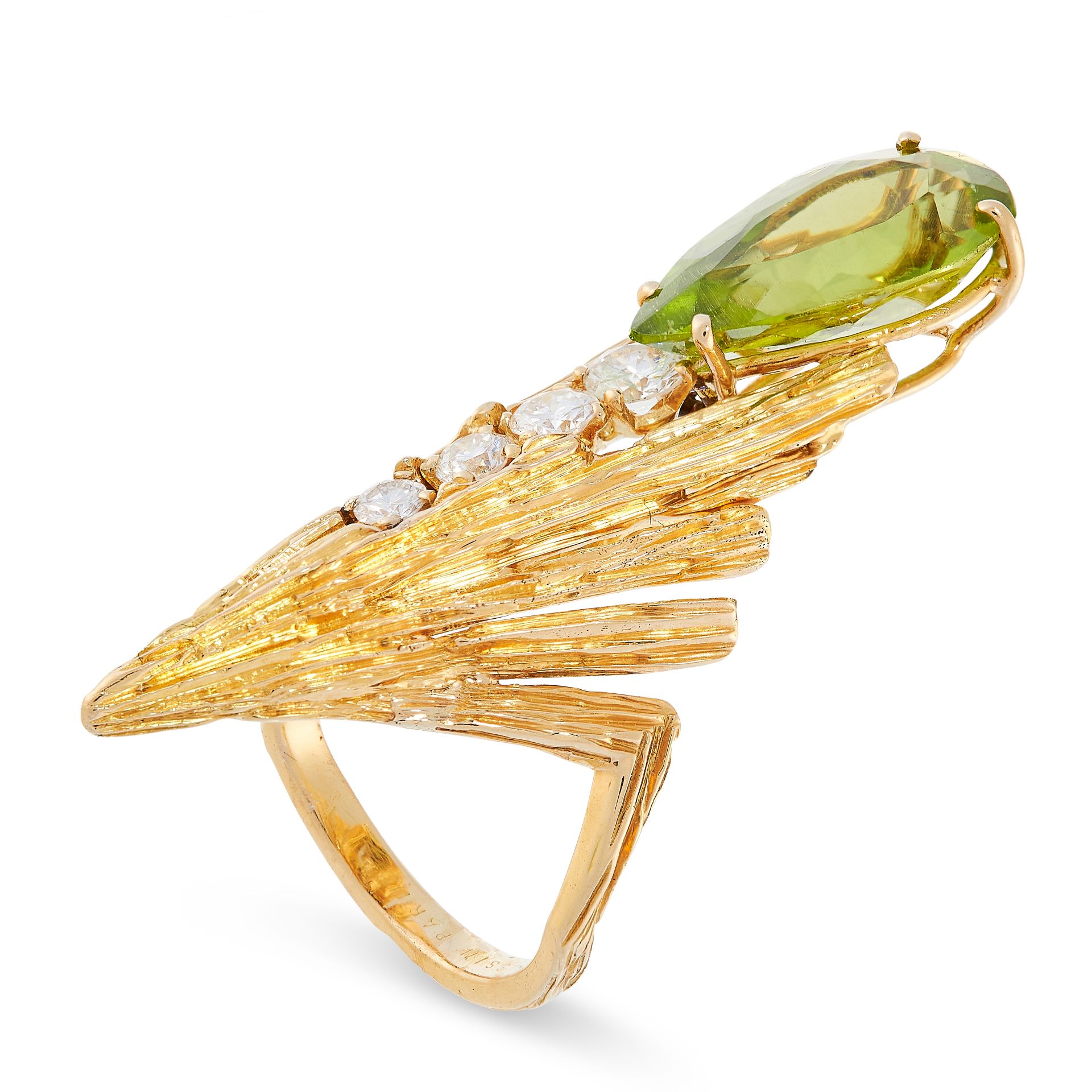 PERIDOT AND DIAMOND RING, MAUBOUSSIN, 1970S designed as a tapered textured mount set with a pear- - Image 2 of 2