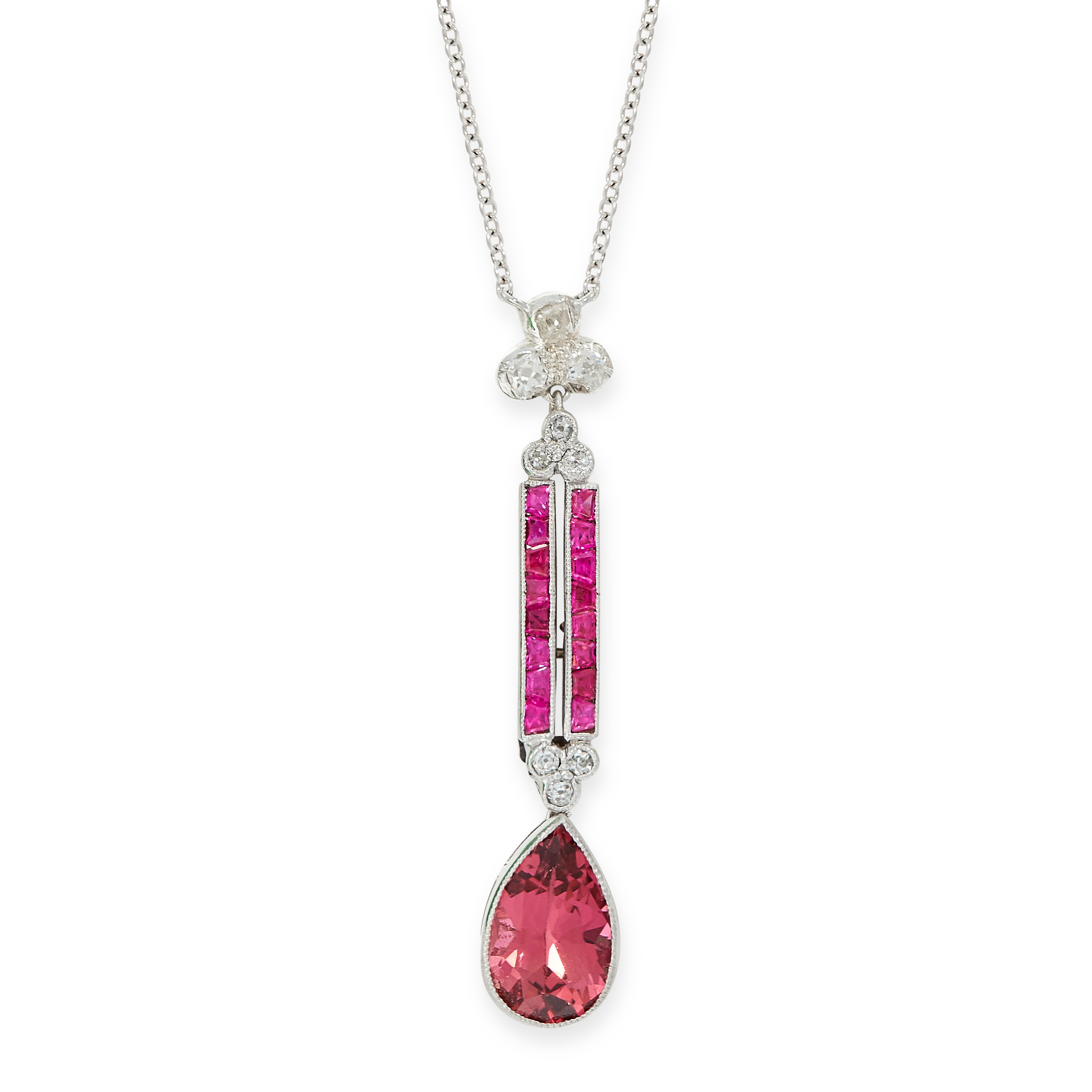 PINK TOURMALINE, RUBY AND DIAMOND PENDANT NECKLACE mounted in white gold and platinum, set with a