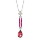PINK TOURMALINE, RUBY AND DIAMOND PENDANT NECKLACE mounted in white gold and platinum, set with a