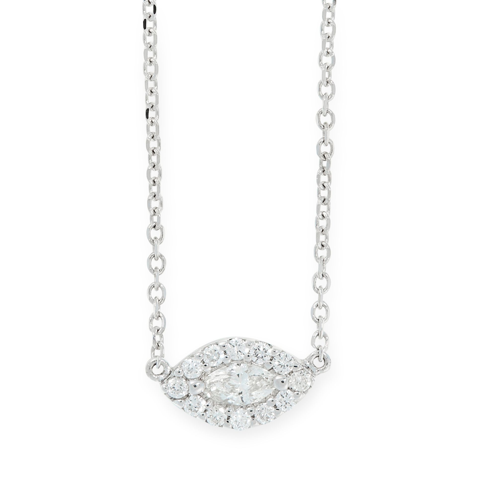 A DIAMOND NECKLACE in 18ct white gold, comprising of a marquise cut diamond of 0.33 carats in a