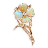 ANTIQUE OPAL AND DIAMOND BROOCH, 19TH CENTURY in yellow gold, designed as a flower, the petals set