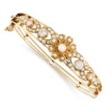 ANTIQUE DIAMOND AND PEARL BANGLE, 19TH CENTURY in yellow gold, the openwork body applied with