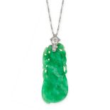 JADEITE JADE AND DIAMOND PENDANT AND CHAIN the pendant formed of a single piece of jadeite, carved