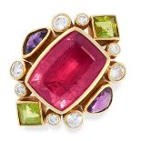 TOURMALINE, AMETHYST AND PERIDOT RING comprising of a cushion cut pink tourmaline of 6.96 carats