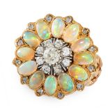 ANTIQUE DIAMOND AND OPAL RING in yellow gold, in cluster form, set with a central cluster of old cut