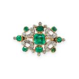 ANTIQUE EMERALD AND DIAMOND BROOCH, 19TH CENTURY in yellow gold and silver, set with a central