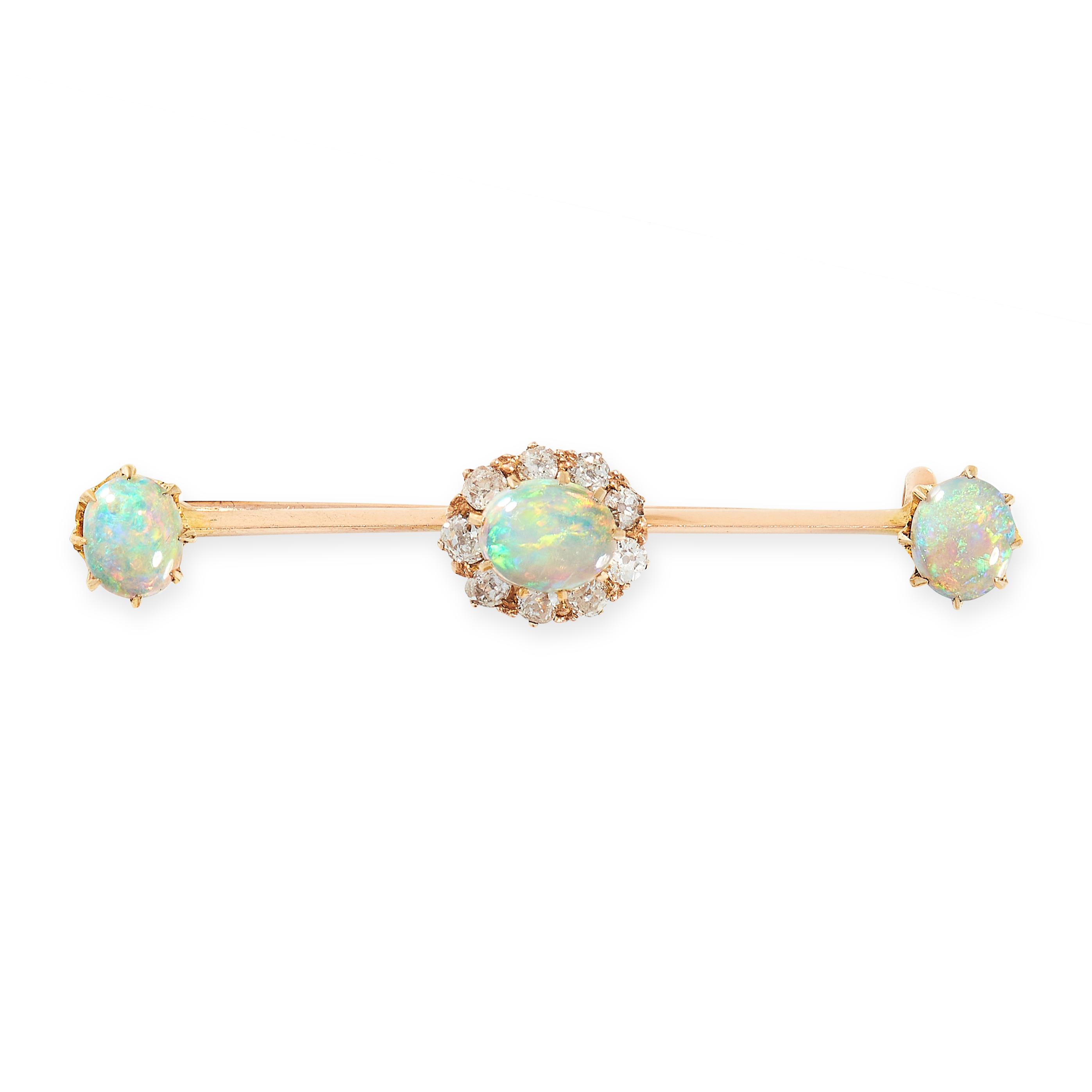 ANTIQUE OPAL AND DIAMOND BROOCH, 19TH CENTURY in yellow gold, the plain bar set with a central