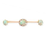 ANTIQUE OPAL AND DIAMOND BROOCH, 19TH CENTURY in yellow gold, the plain bar set with a central