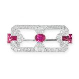 ART DECO RUBY AND DIAMOND BROOCH, EARLY 20TH CENTURY of openwork rectangular design, set with a
