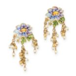 PAIR OF PEARL AND ENAMEL EARRINGS mounted in yellow gold, each designed as a flower relieved in