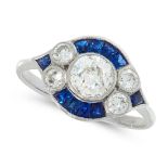 A DIAMOND AND SAPPHIRE TARGET RING in Art Deco design, set with an old cut diamond of 0.83 carats in