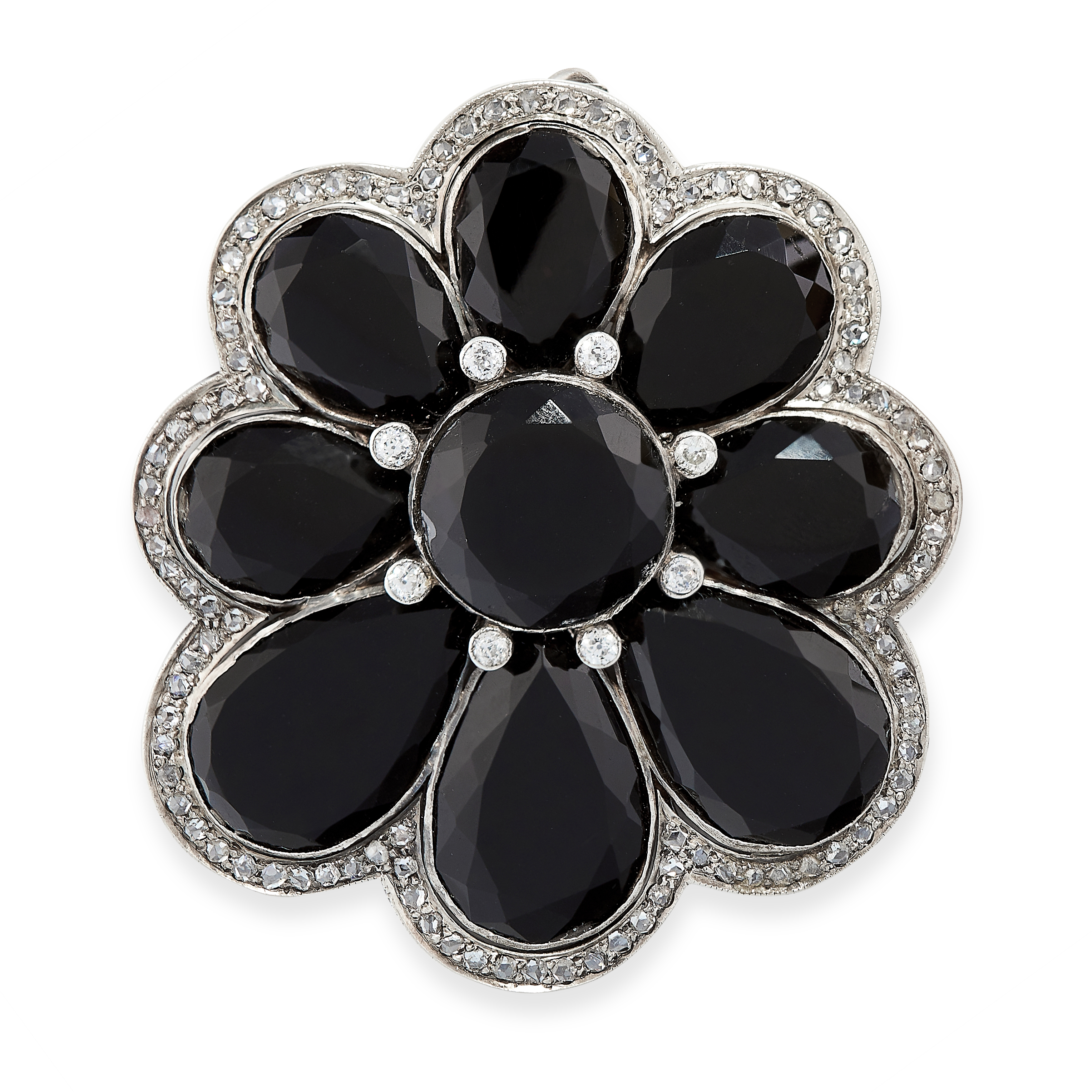 ONYX AND DIAMOND PENDANT / BROOCH, EARLY 20TH CENTURY of scalloped design, set with a cluster of