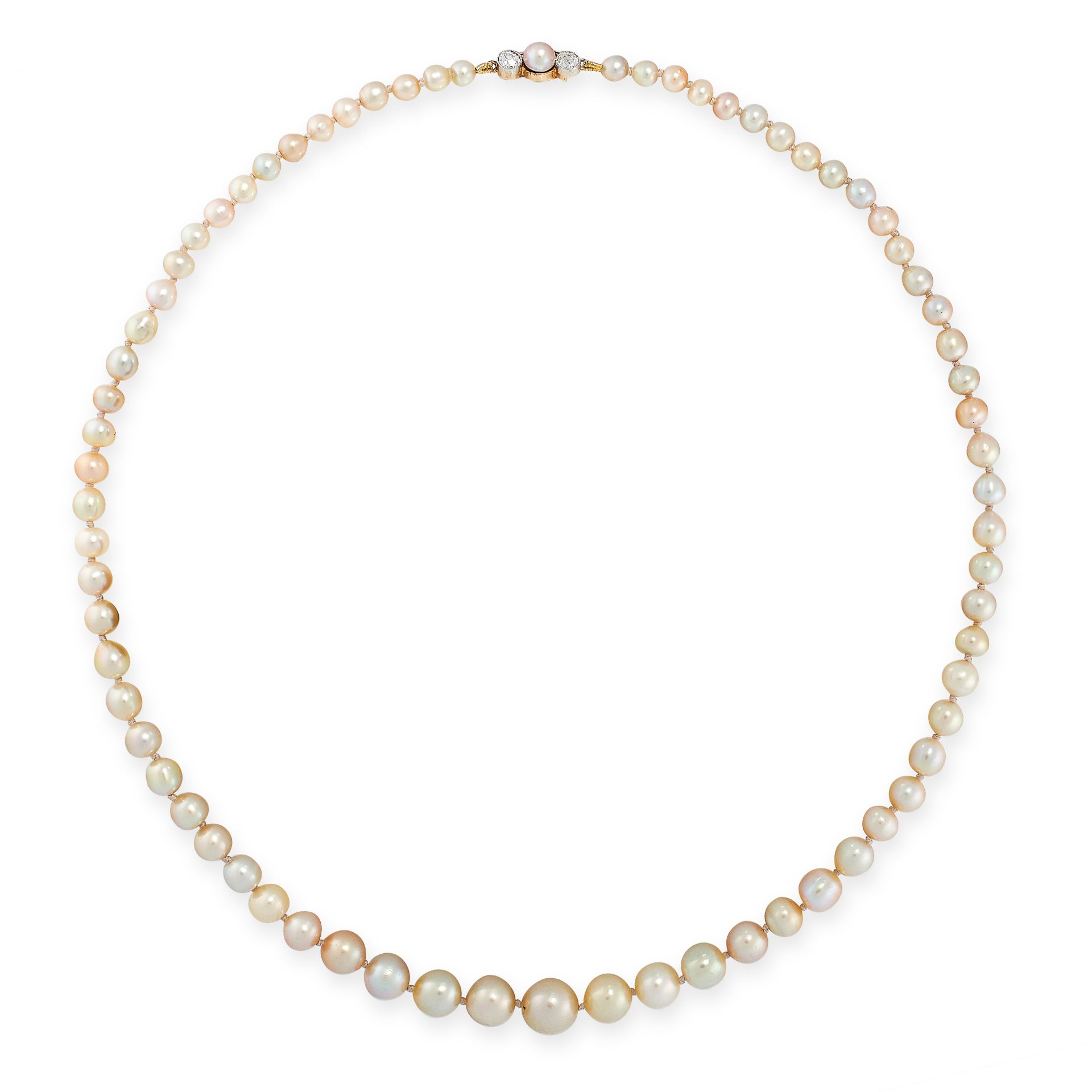 NATURAL PEARL AND DIAMOND NECKLACE comprising a single row of seventy-one graduated pearls ranging