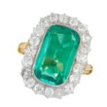 FINE COLOMBIAN EMERALD AND DIAMOND DRESS RING in high carat yellow gold, set with a cushion cut