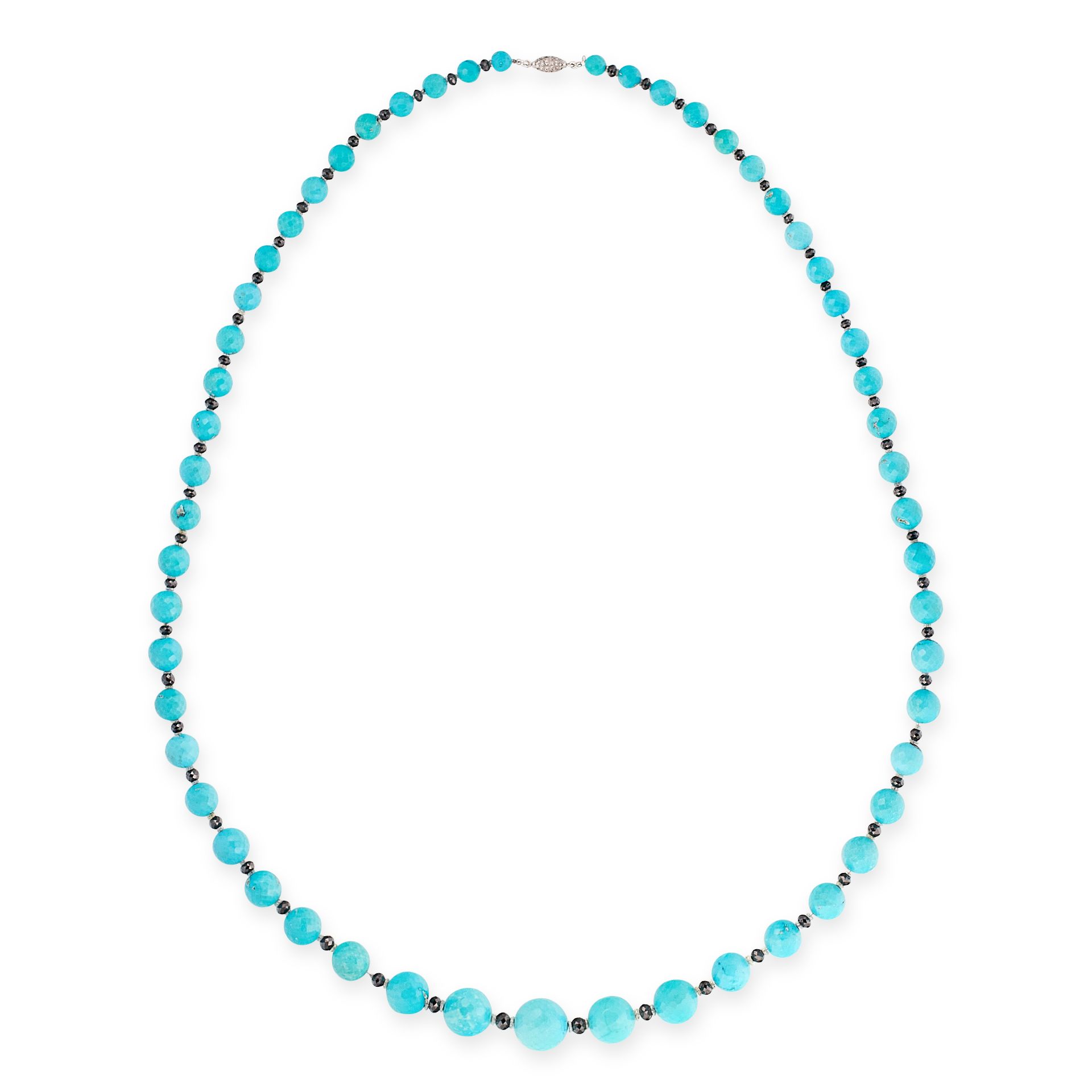 TURQUOISE, DIAMOND AND BLACK DIAMOND NECKLACE comprising of a single row of polished turquoise beads