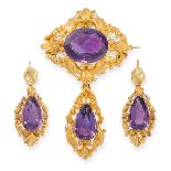ANTIQUE AMETHYST BROOCH AND EARRINGS SUITE, 19TH CENTURY in yellow gold, comprising a brooch, set