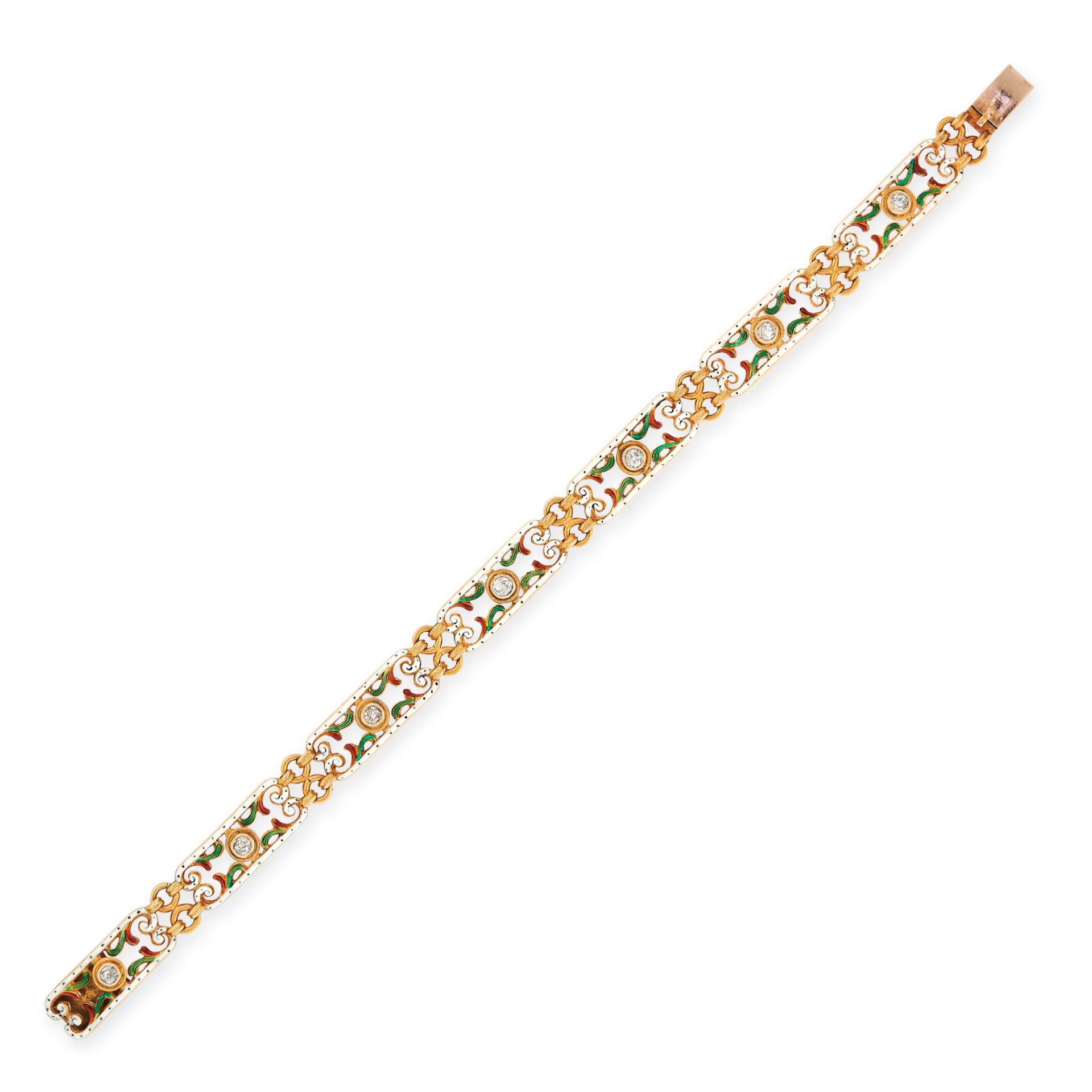 ANTIQUE ENAMEL AND DIAMOND BRACELET, 19TH CENTURY in yellow gold, the rounded rectangular links