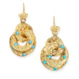 PAIR OF ANTIQUE TURQUOISE EARRINGS, 19TH CENTURY mounted in yellow gold, each designed as a series