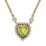 PERIDOT AND DIAMOND PENDANT NECKLACE mounted in 18ct yellow gold and silver, set with a heart shaped