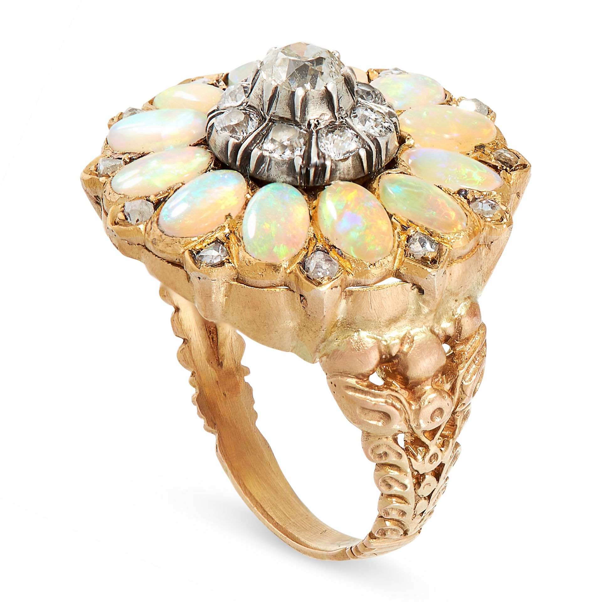 ANTIQUE DIAMOND AND OPAL RING in yellow gold, in cluster form, set with a central cluster of old cut - Image 2 of 2