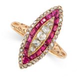 ANTIQUE RUBY AND DIAMOND RING in 18ct yellow gold, in marquise form, set with a central row of old