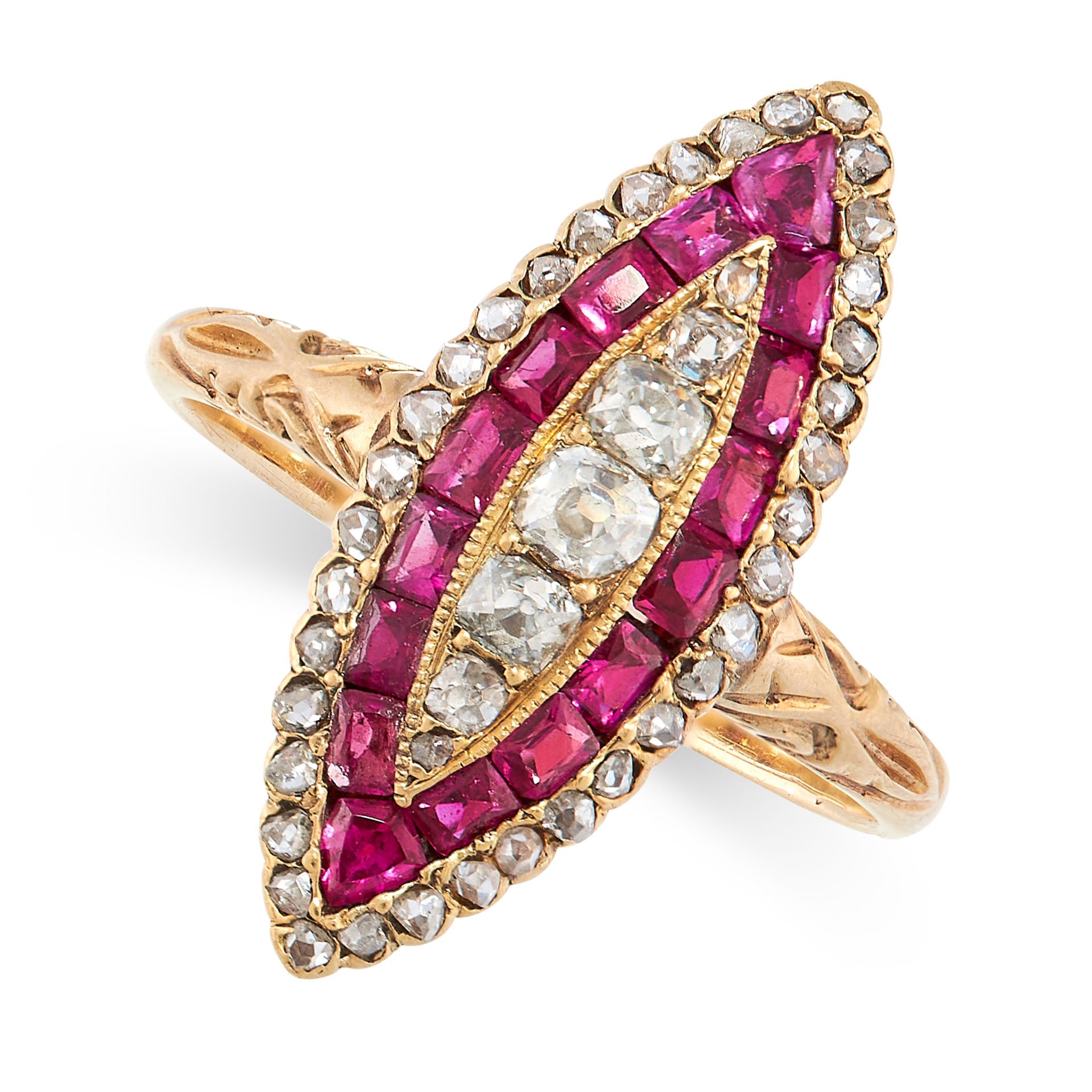 ANTIQUE RUBY AND DIAMOND RING in 18ct yellow gold, in marquise form, set with a central row of old