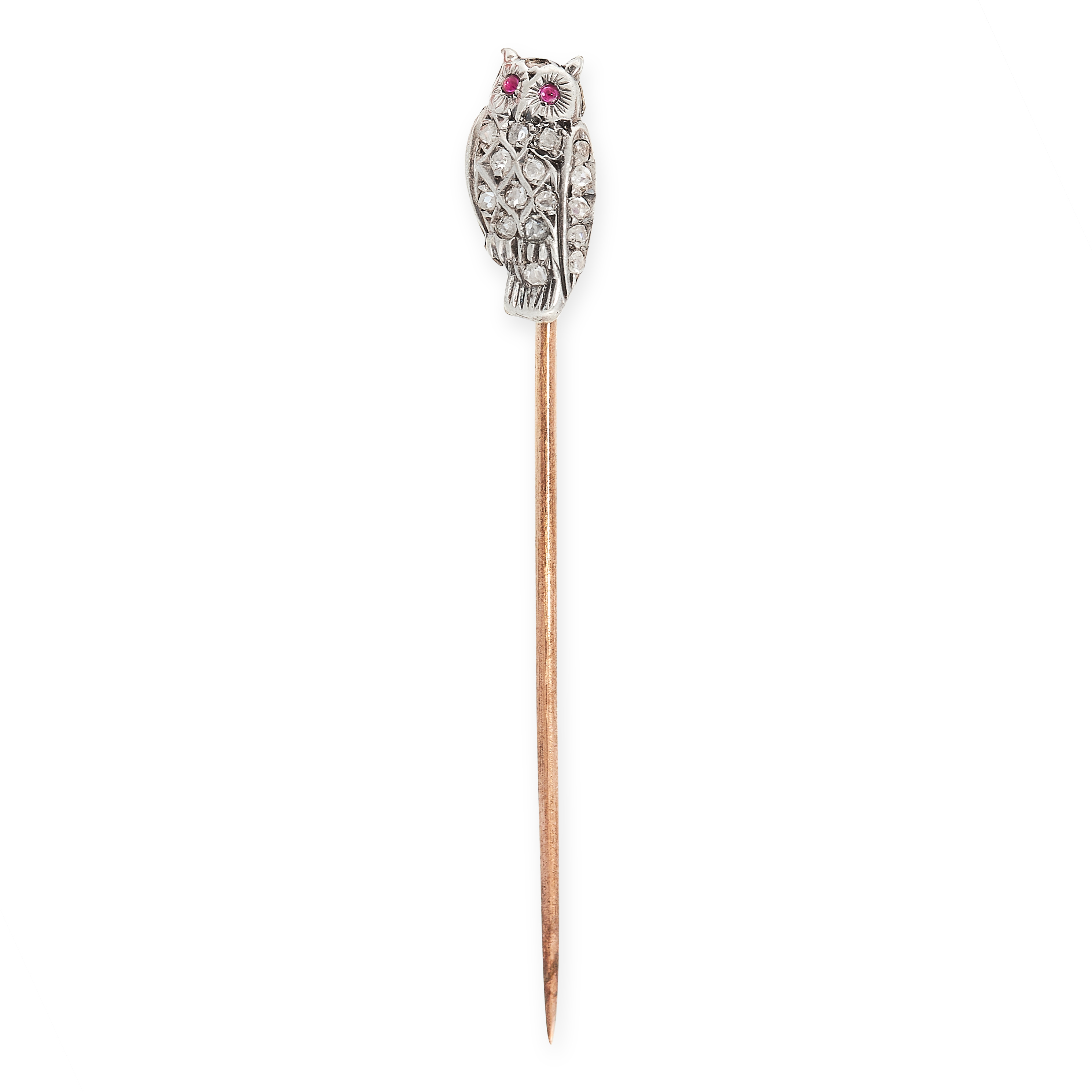 ANTIQUE RUBY AND DIAMOND OWL TIE / STICK PIN mounted in yellow gold and silver, the pin surmounted