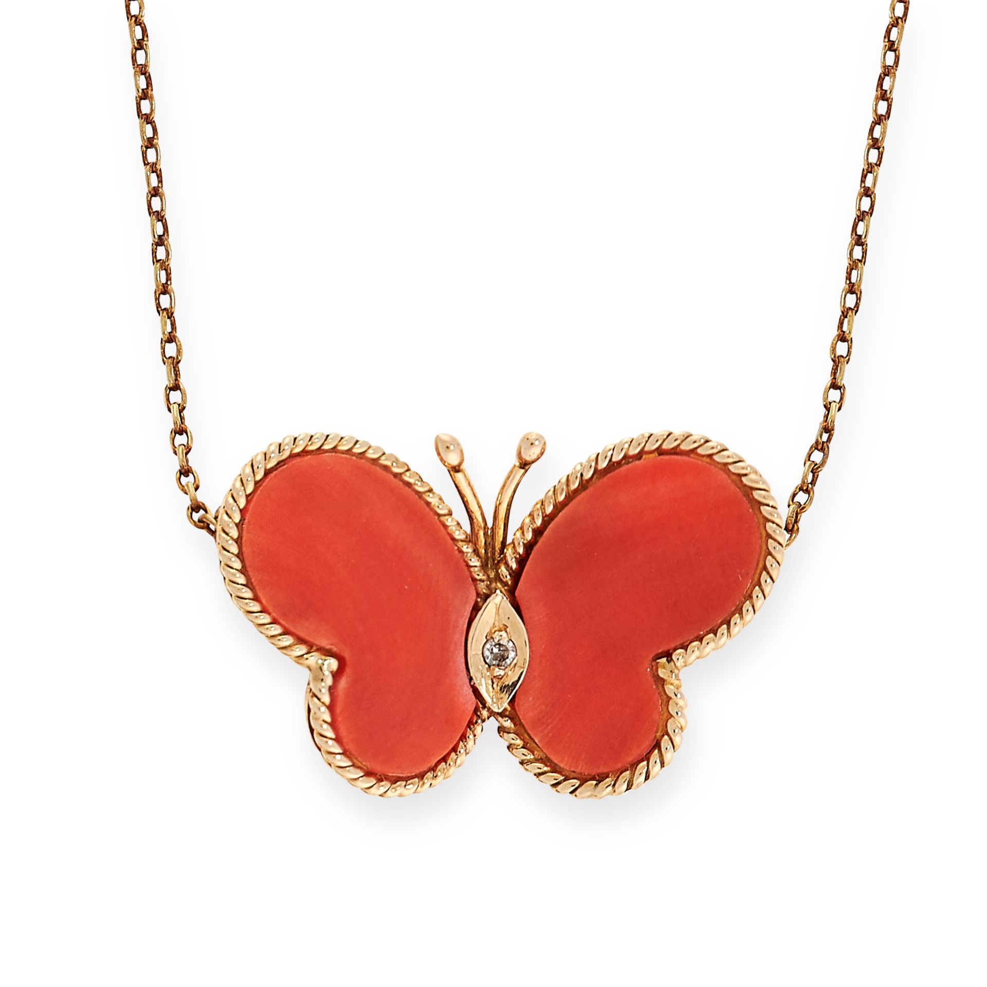 VINTAGE CORAL AND DIAMOND BUTTERFLY PENDANT NECKLACE in the form of a butterfly set with a round cut