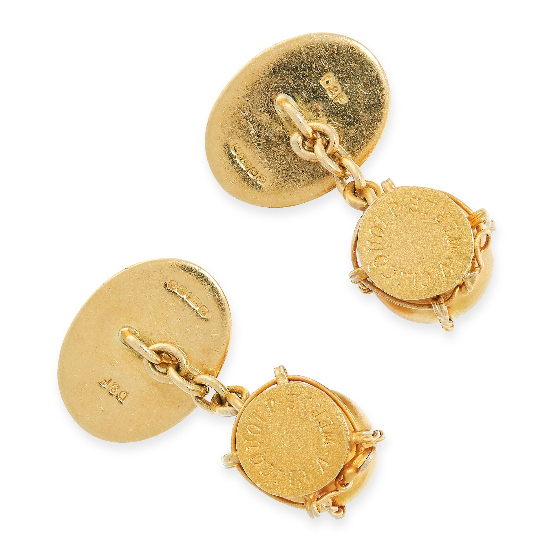 NOVELTY ENAMEL VEUVE CLICQUOT CUFFLINKS, DEAKIN & FRANCIS in 18ct yellow gold, formed of a Veuve - Image 2 of 2