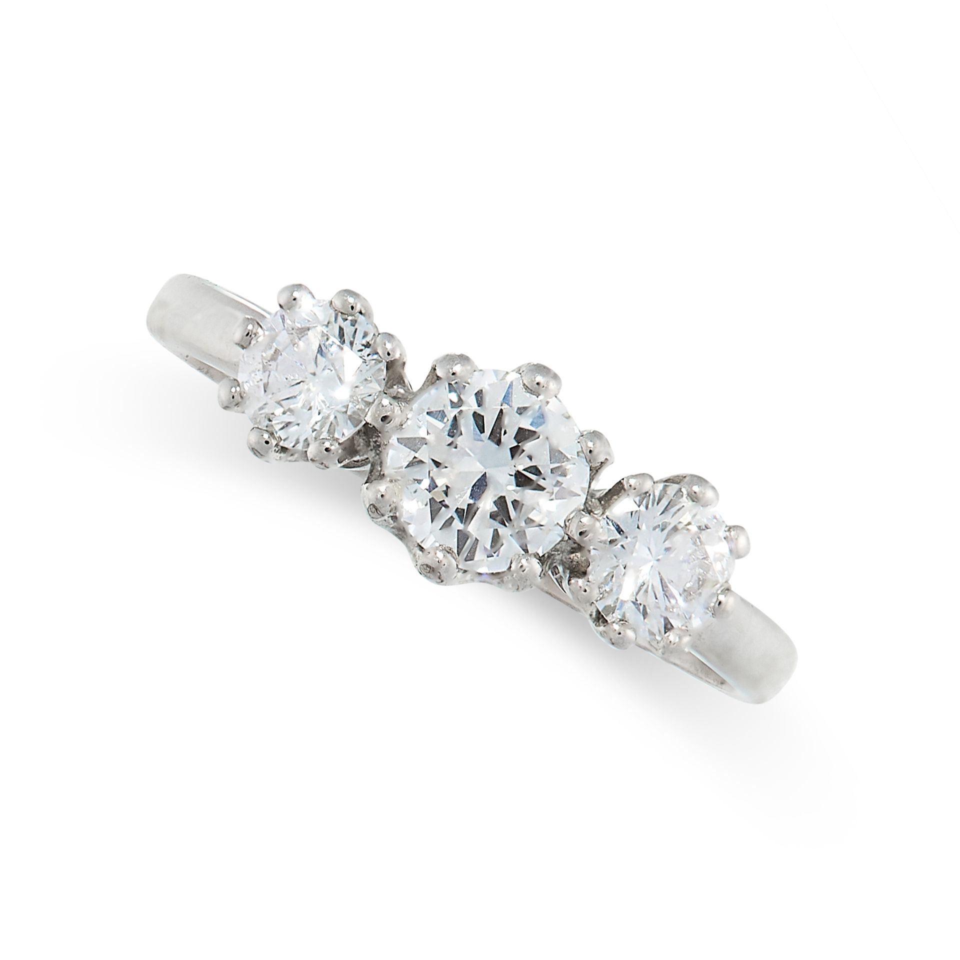 DIAMOND THREE STONE RING in 18ct gold and platinum, set with three round cut diamonds all