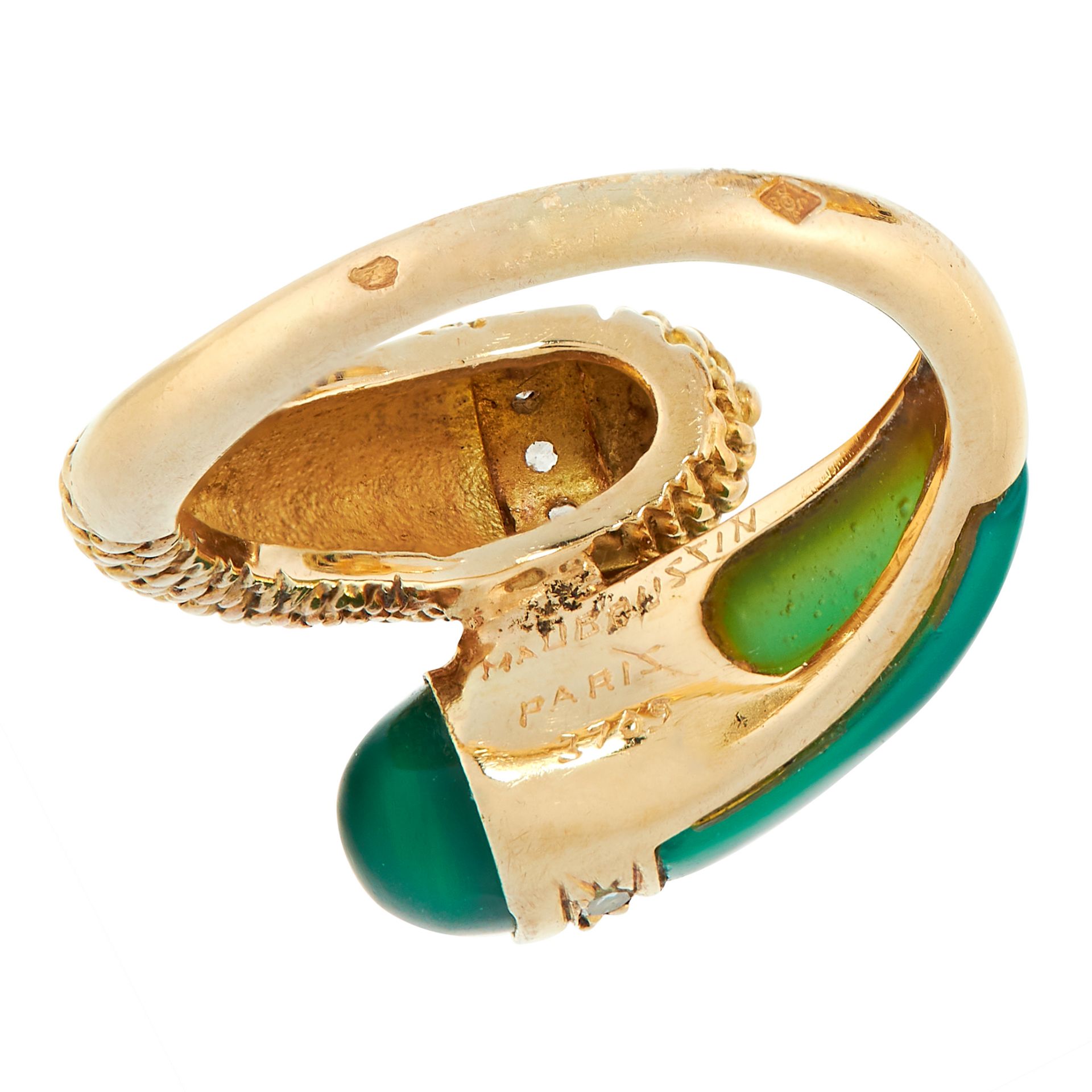 VINTAGE CHRYSOPRASE AND DIAMOND RING, MAUBOUSSIN in 18ct yellow gold, in toi et moi design, set with - Image 3 of 3