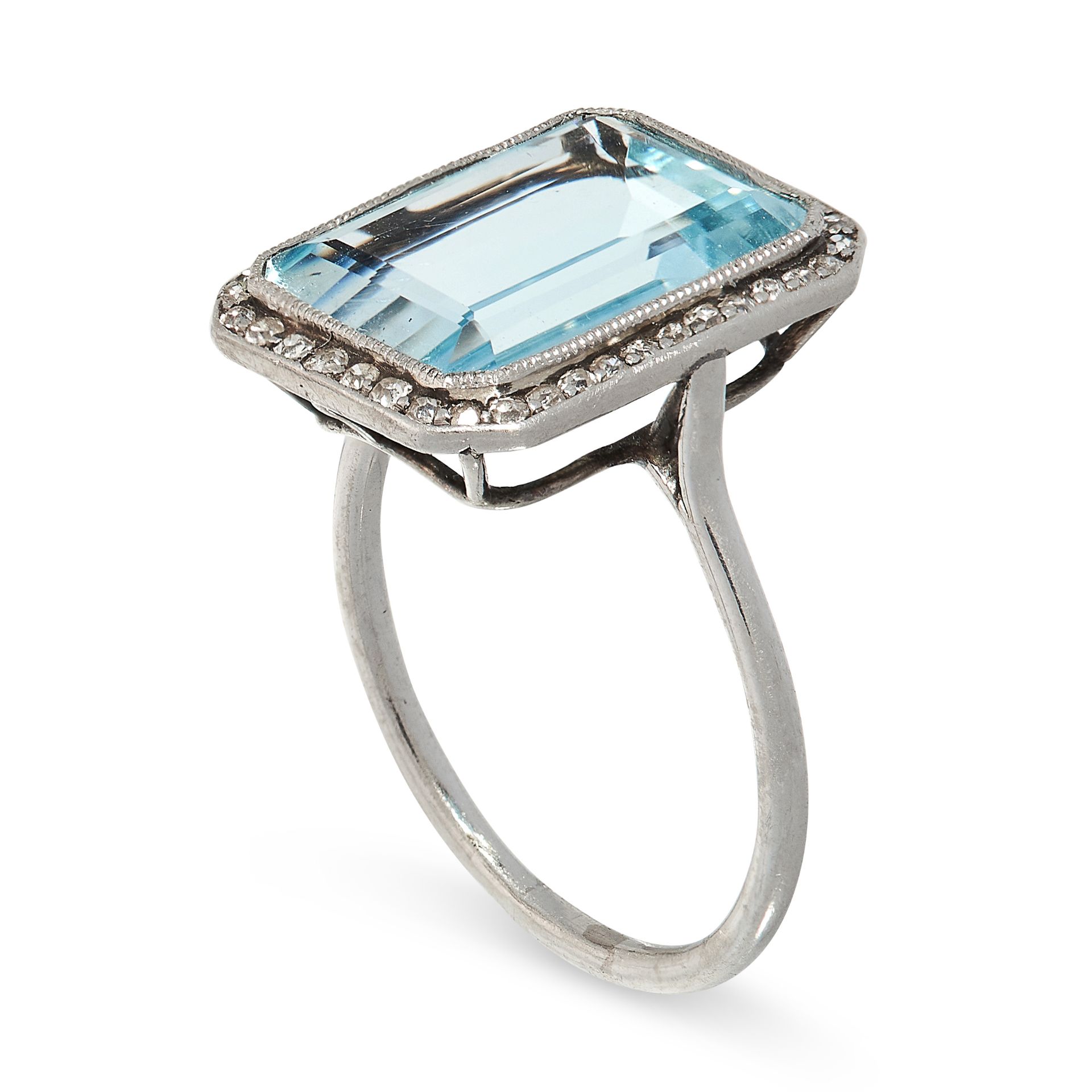 ART DECO AQUAMARINE AND DIAMOND RING formed of an emerald cut aquamarine of 4.82 carats in a - Image 2 of 2