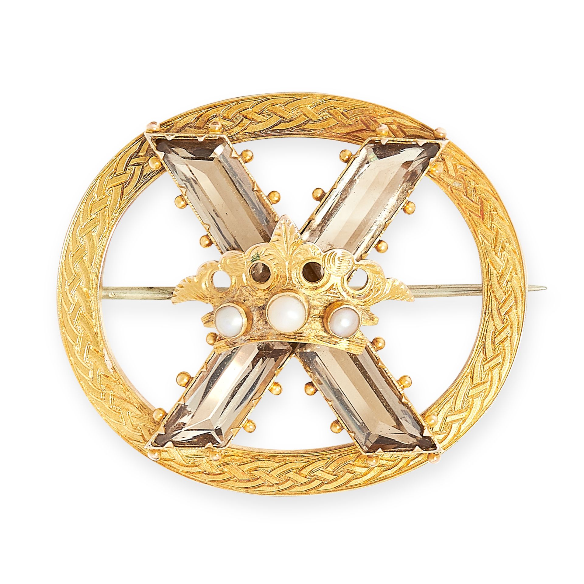 ANTIQUE SMOKEY QUARTZ AND PEARL 10TH ANNIVERSARY BROOCH, LATE 19TH CENTURY in yellow gold, of open