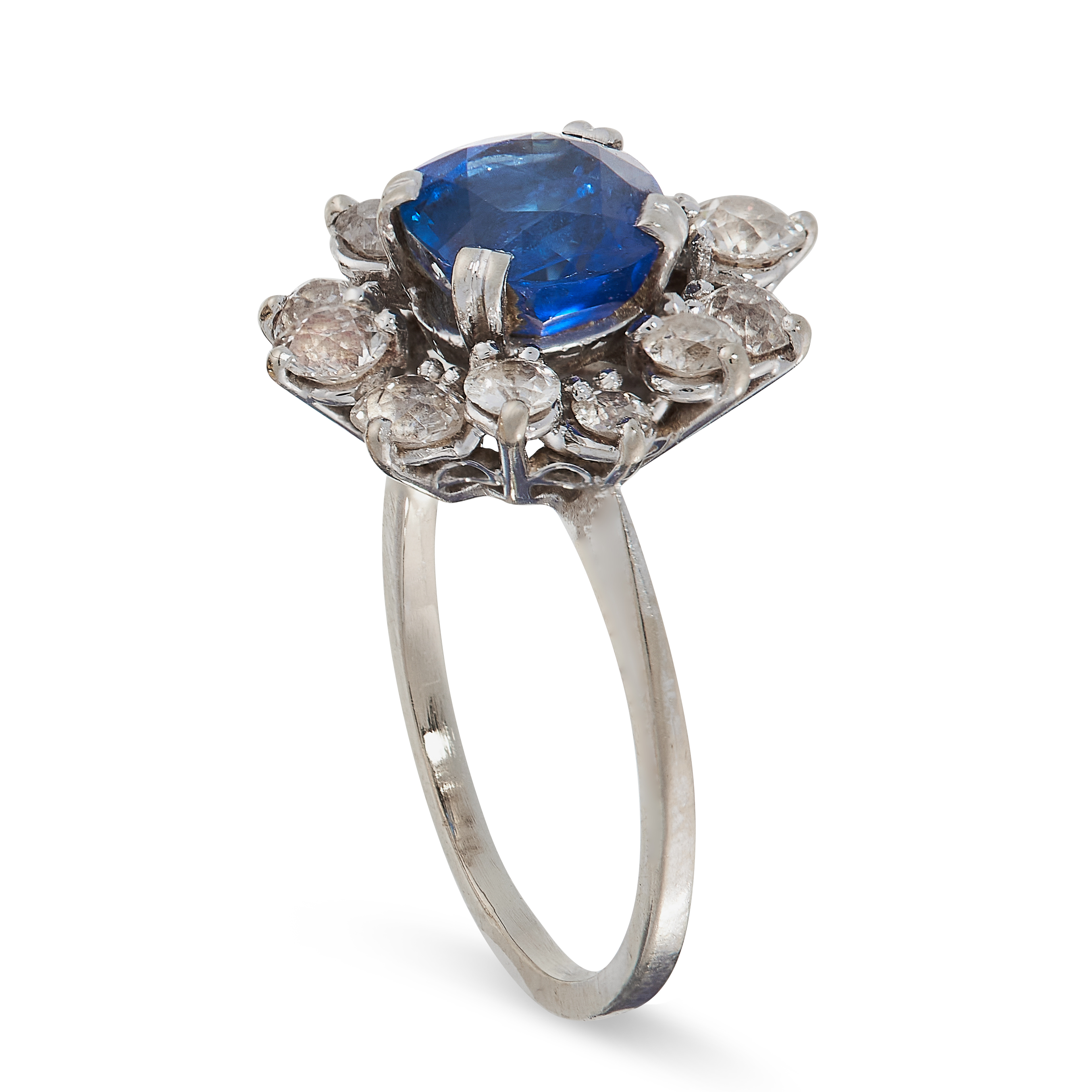 UNHEATED SAPPHIRE AND DIAMOND RING of cluster design, set with a square cushion cut sapphire of 2.01 - Image 2 of 2