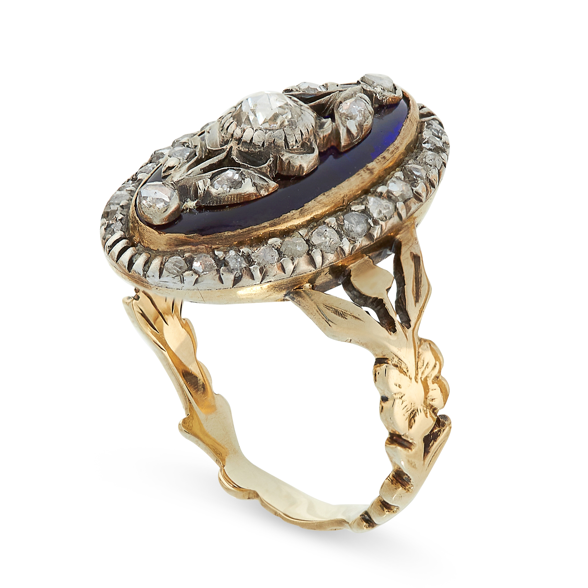 ANTIQUE DIAMOND AND BLUE GLASS BAGUE DE FIRMAMENT RING in yellow gold and silver, the oval face - Image 2 of 2