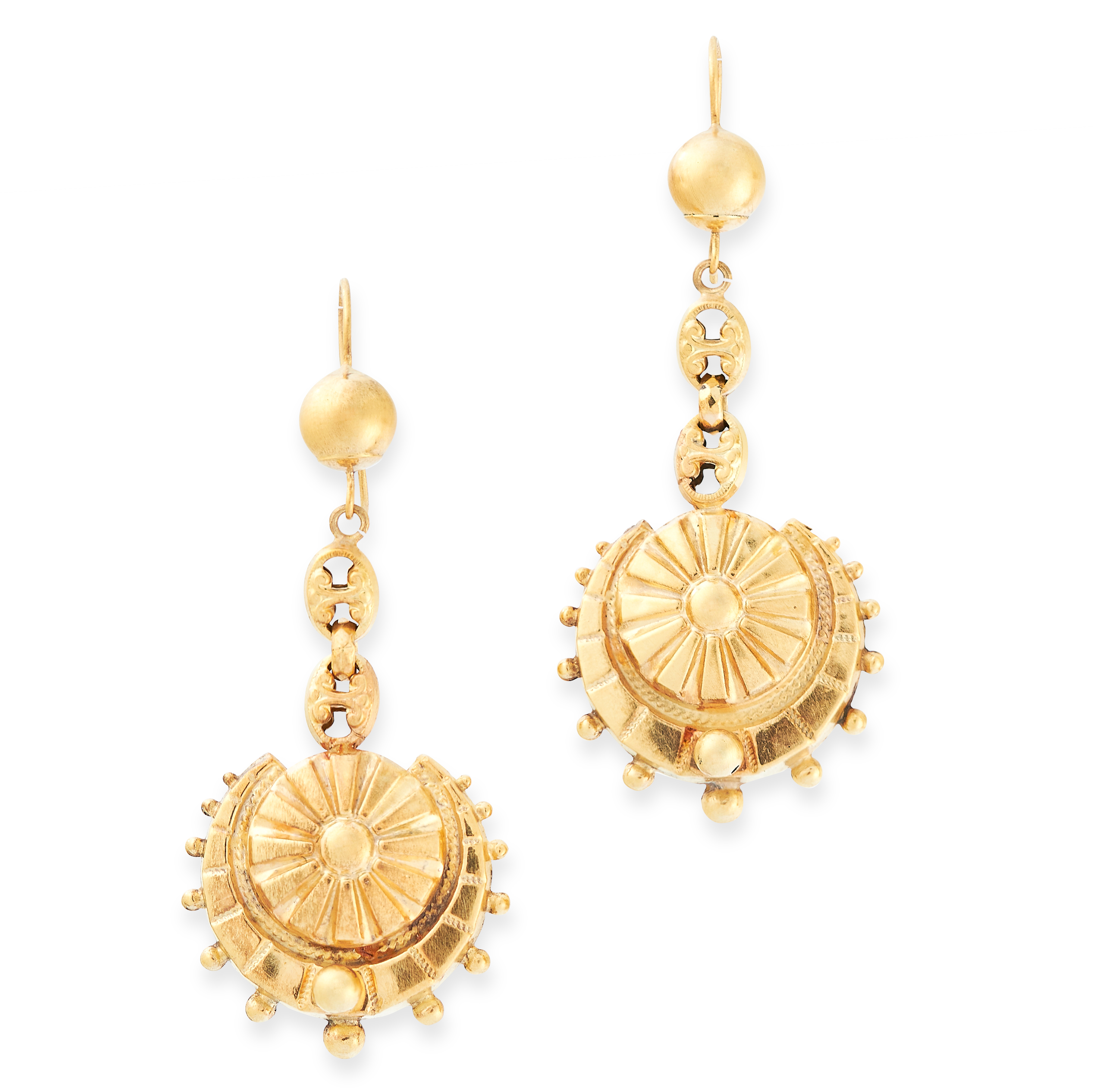 ANTIQUE GOLD DROP EARRINGS, 19TH CENTURY in yellow gold, each set with a gold bead suspending two