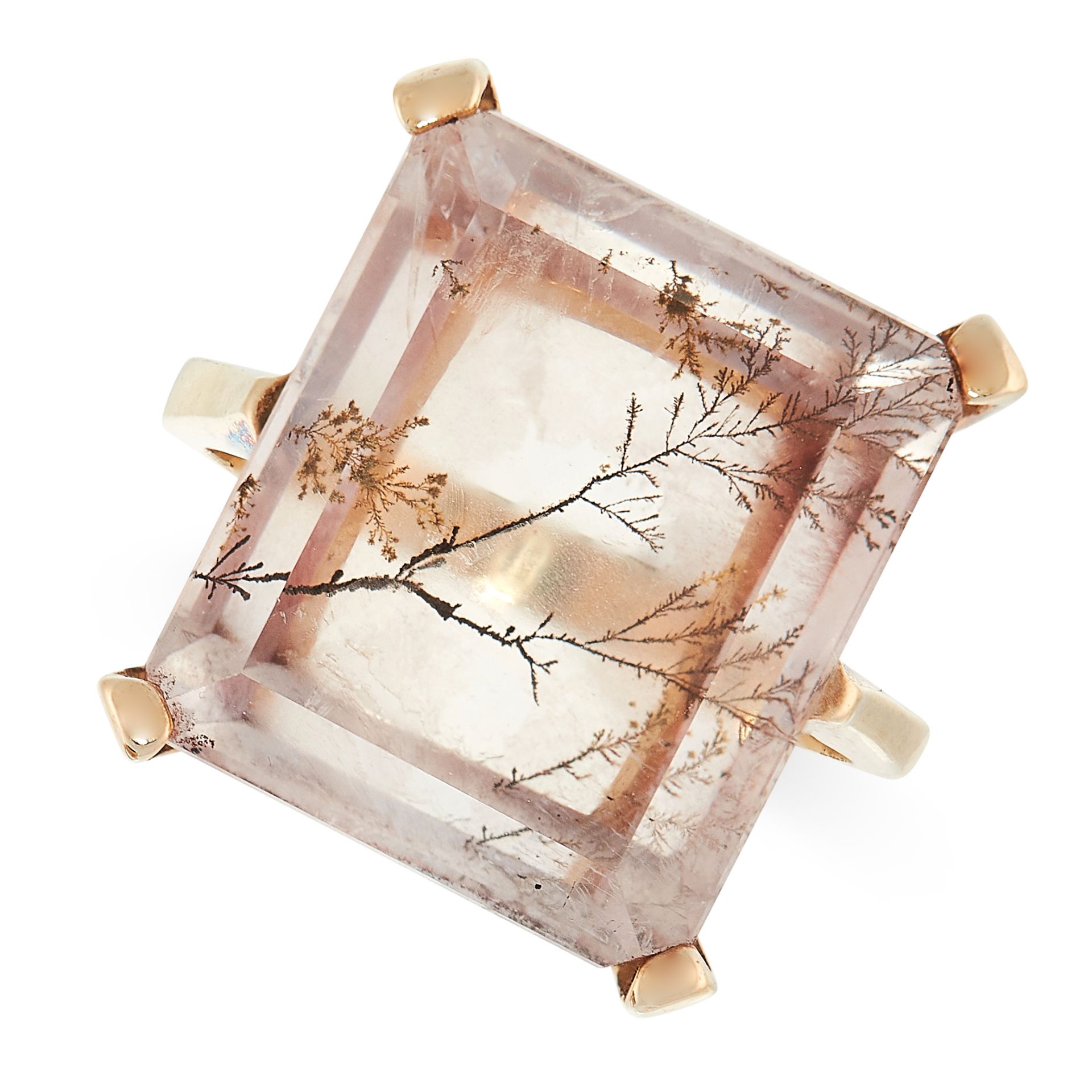 DENDRITIC QUARTZ RING in 9ct yellow gold, comprising of an emerald cut dendritic quartz, British