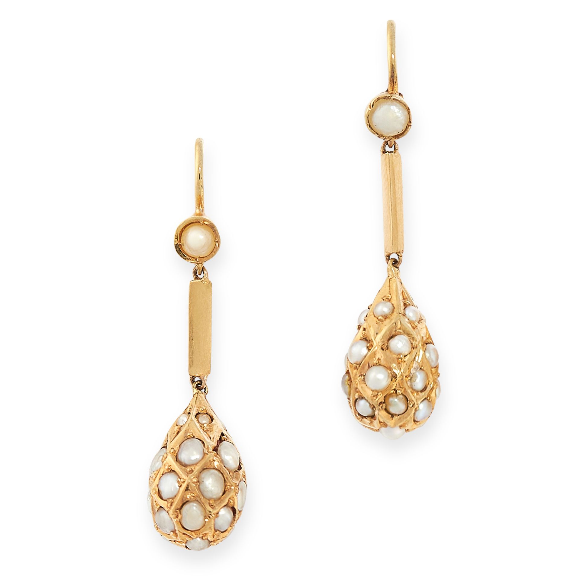 PAIR OF ANTIQUE PEARL DROP EARRINGS in yellow gold, comprising of a seed pearl above a rectangular