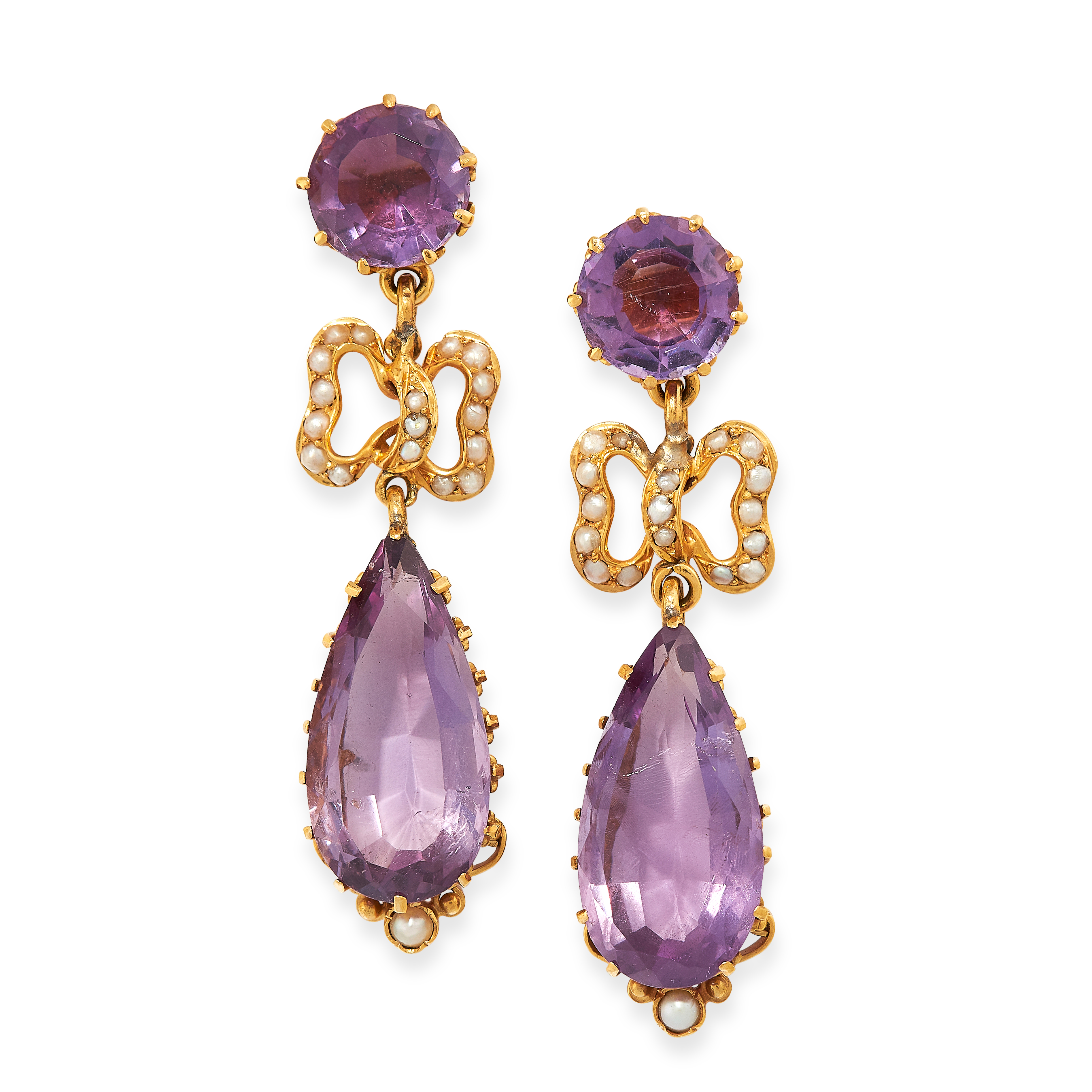 ANTIQUE AMETHYST AND PEARL EARRINGS in yellow gold, comprising of a round cut amethyst above a