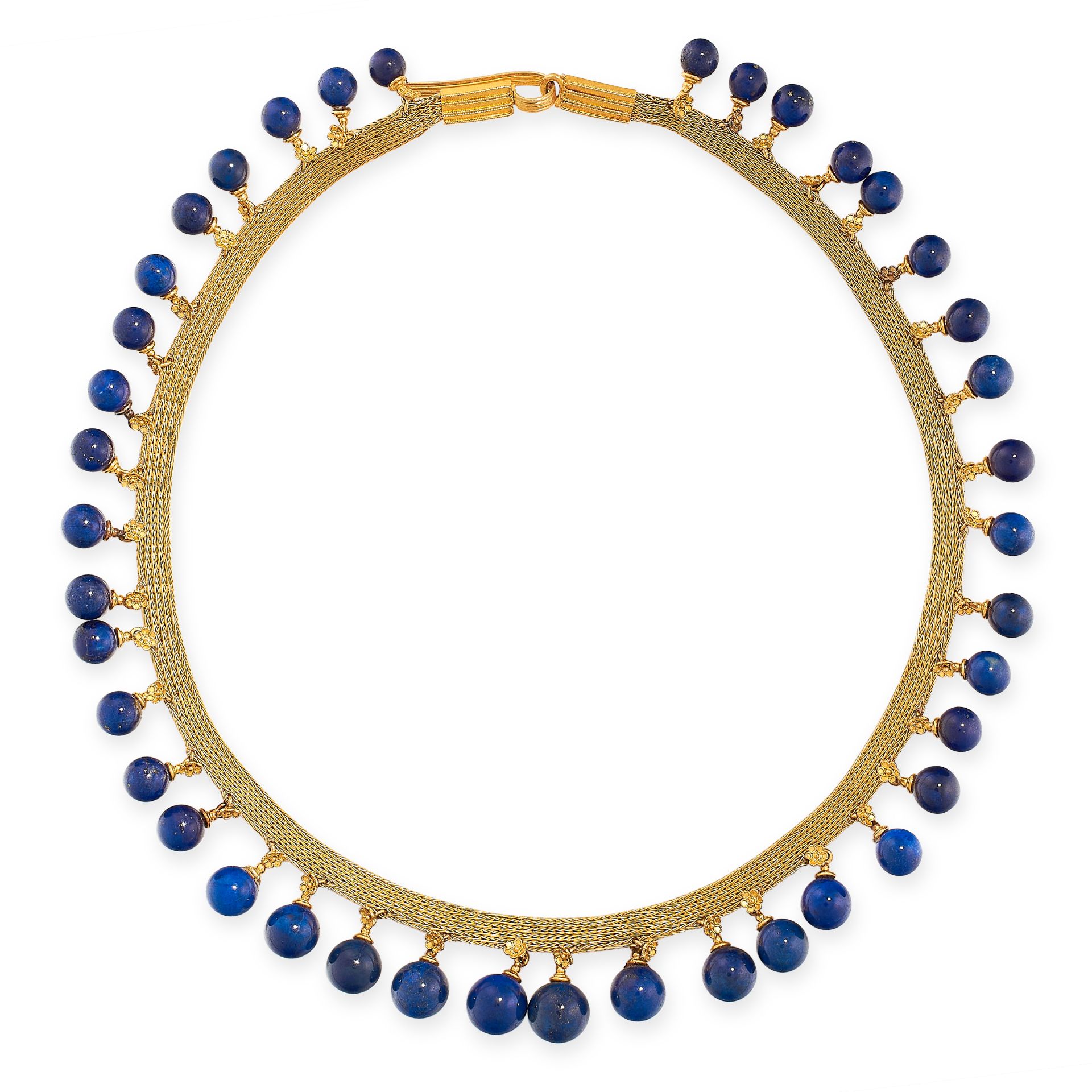 ANTIQUE LAPIS LAUZLI COLLAR NECKLACE, 19TH CENTURY in yellow gold, in the Etruscan revival manner,