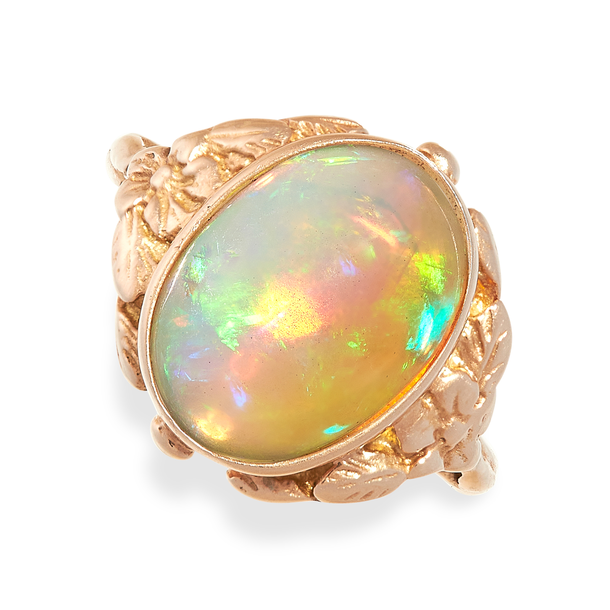 OPAL RING comprising of a cabochon opal of 4.62 carats in a decorated foliate border, unmarked, size