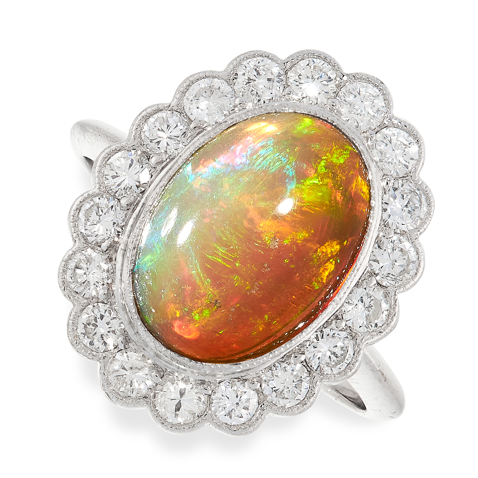 OPAL AND DIAMOND RING comprising of a cabochon opal of 2.96 carats in a border of round cut
